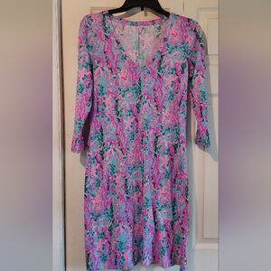 Lilly Pulitzer Tessa V Neck Shift Dress Small Pink Blue Seaweed Tropical Beach